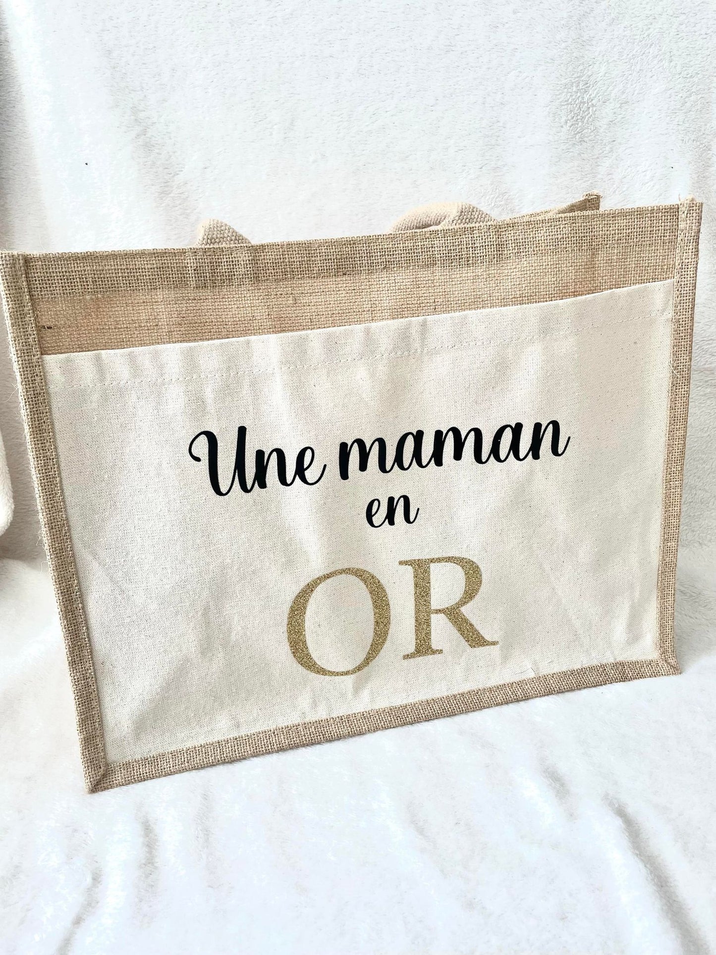 Grand sac en toile de jute Maman en Or