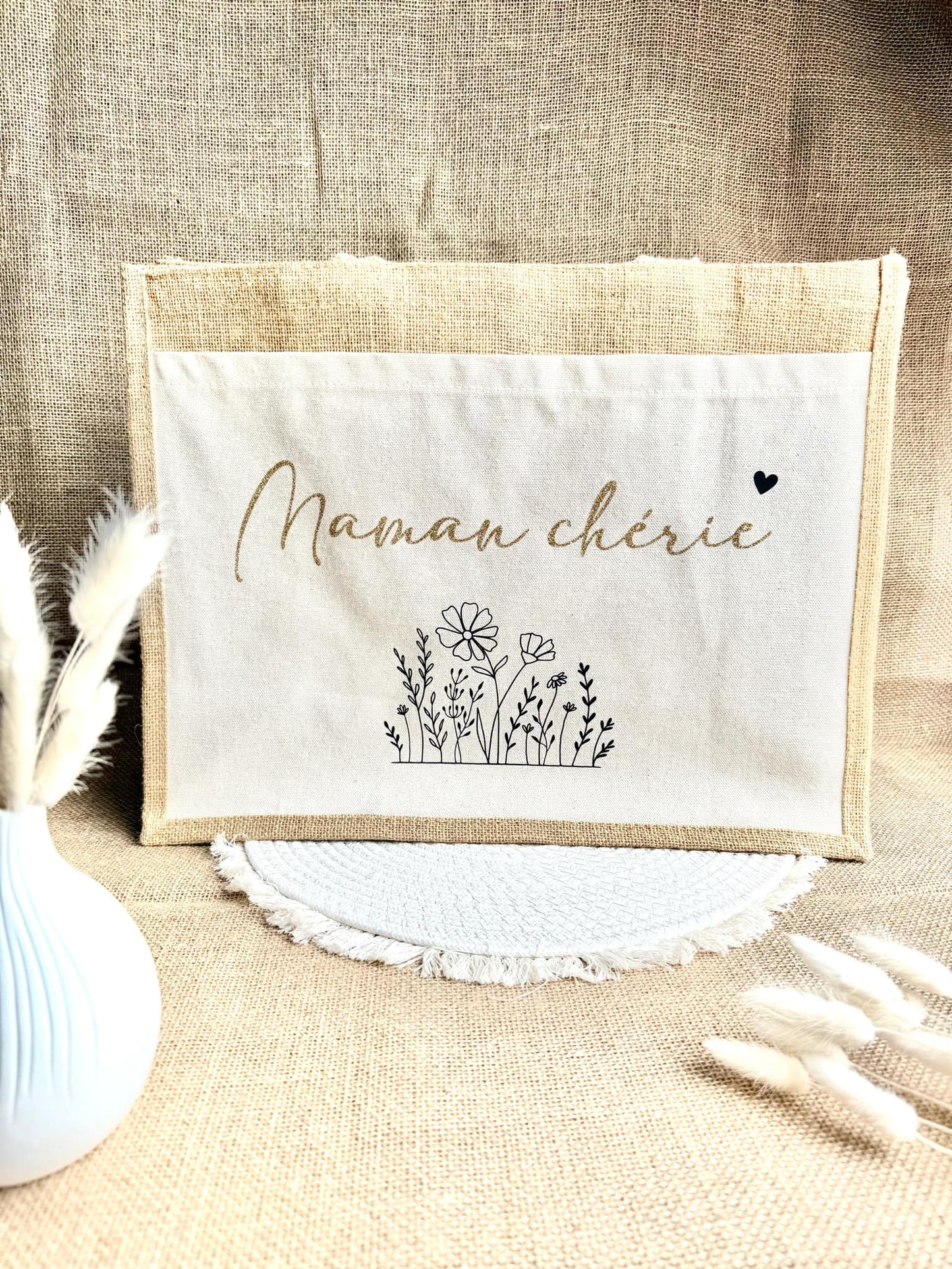 Grand sac en toile de jute Maman chérie