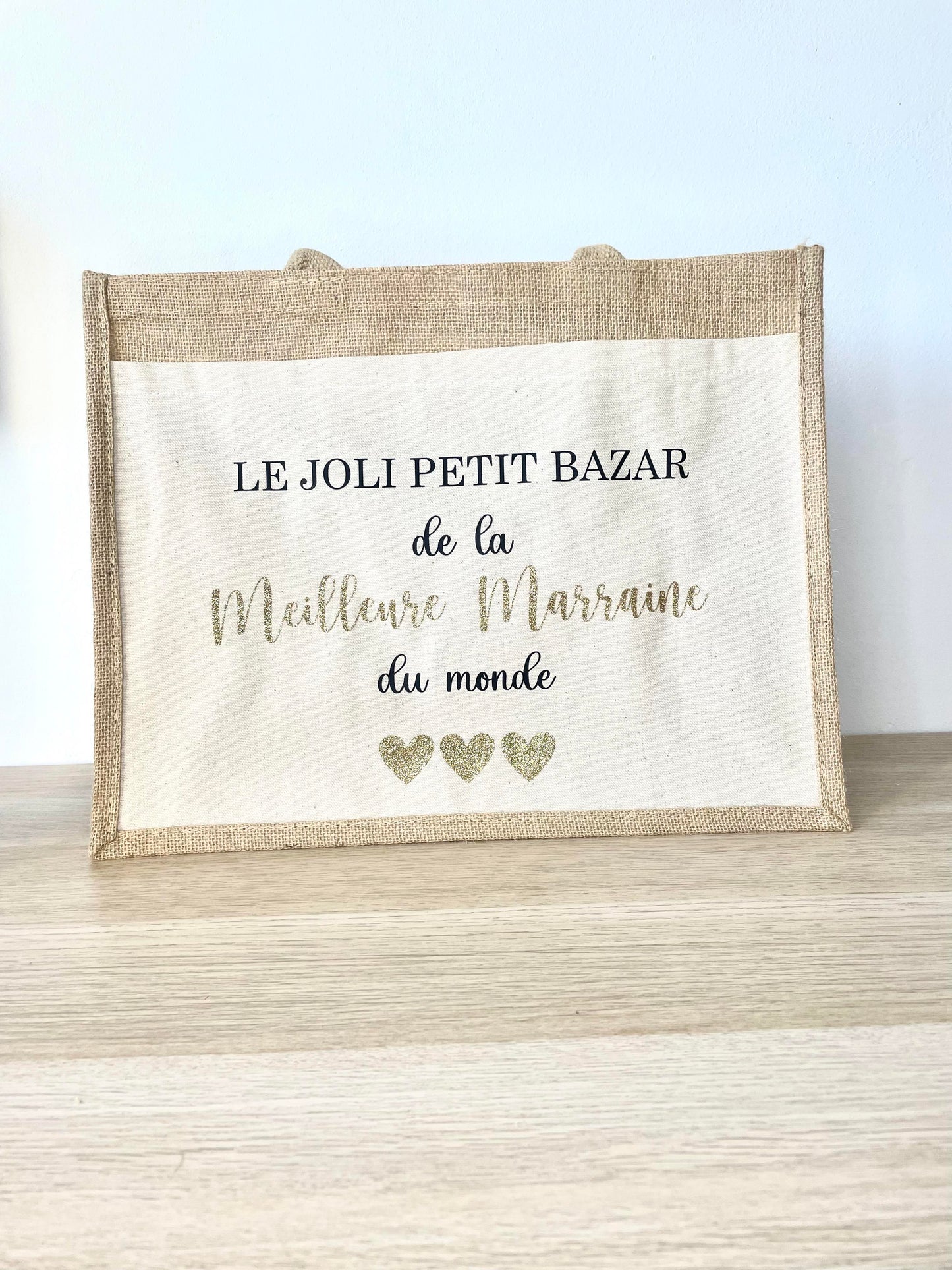 Grand sac en toile de jute Le joli petit bazar de la Meilleure Marraine du monde