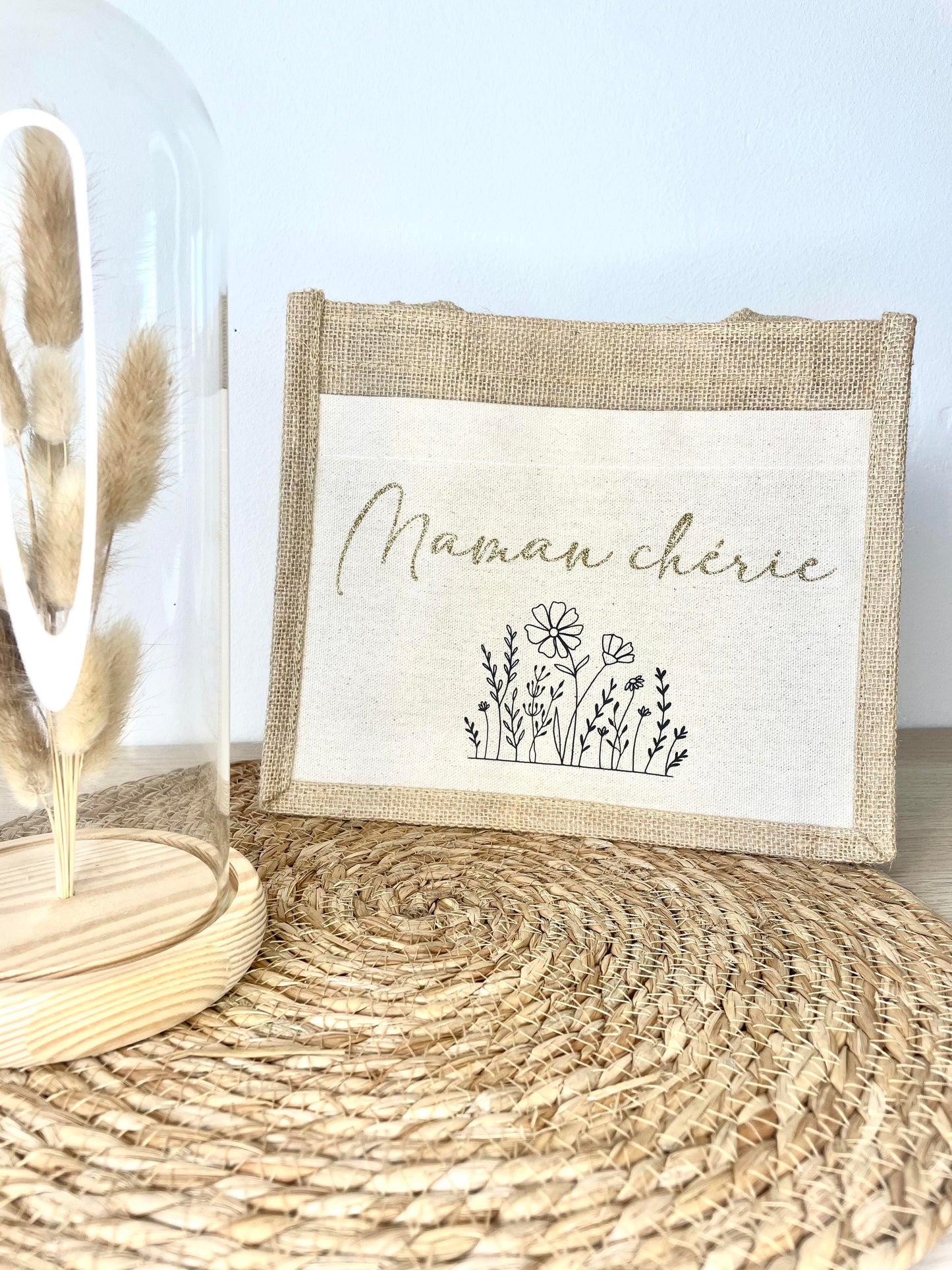 Petit sac en toile de jute Maman Chérie Fleurs