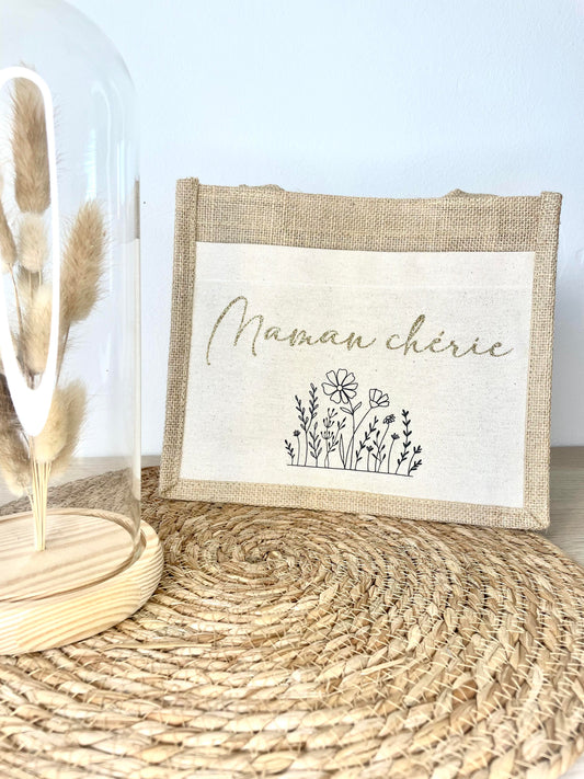 Petit sac en toile de jute Maman Chérie Fleurs