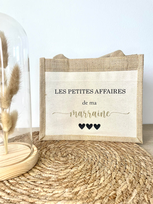 Petit sac en toile de jute Les petites affaires de ma Marraine