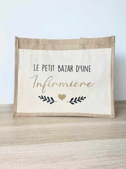 Grand sac en toile de jute Le petit bazar d'une Infirmière