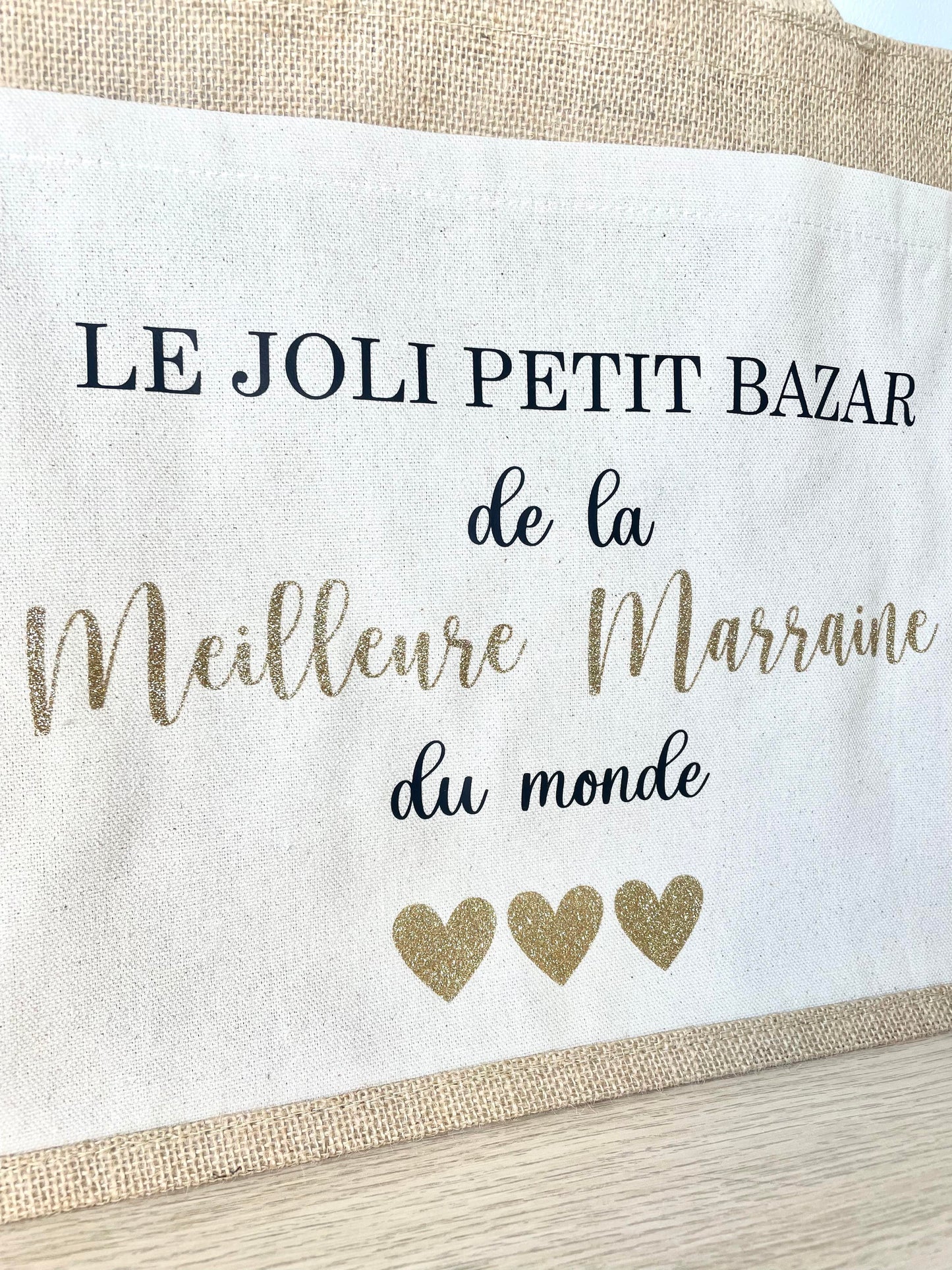 Grand sac en toile de jute Le joli petit bazar de la Meilleure Marraine du monde