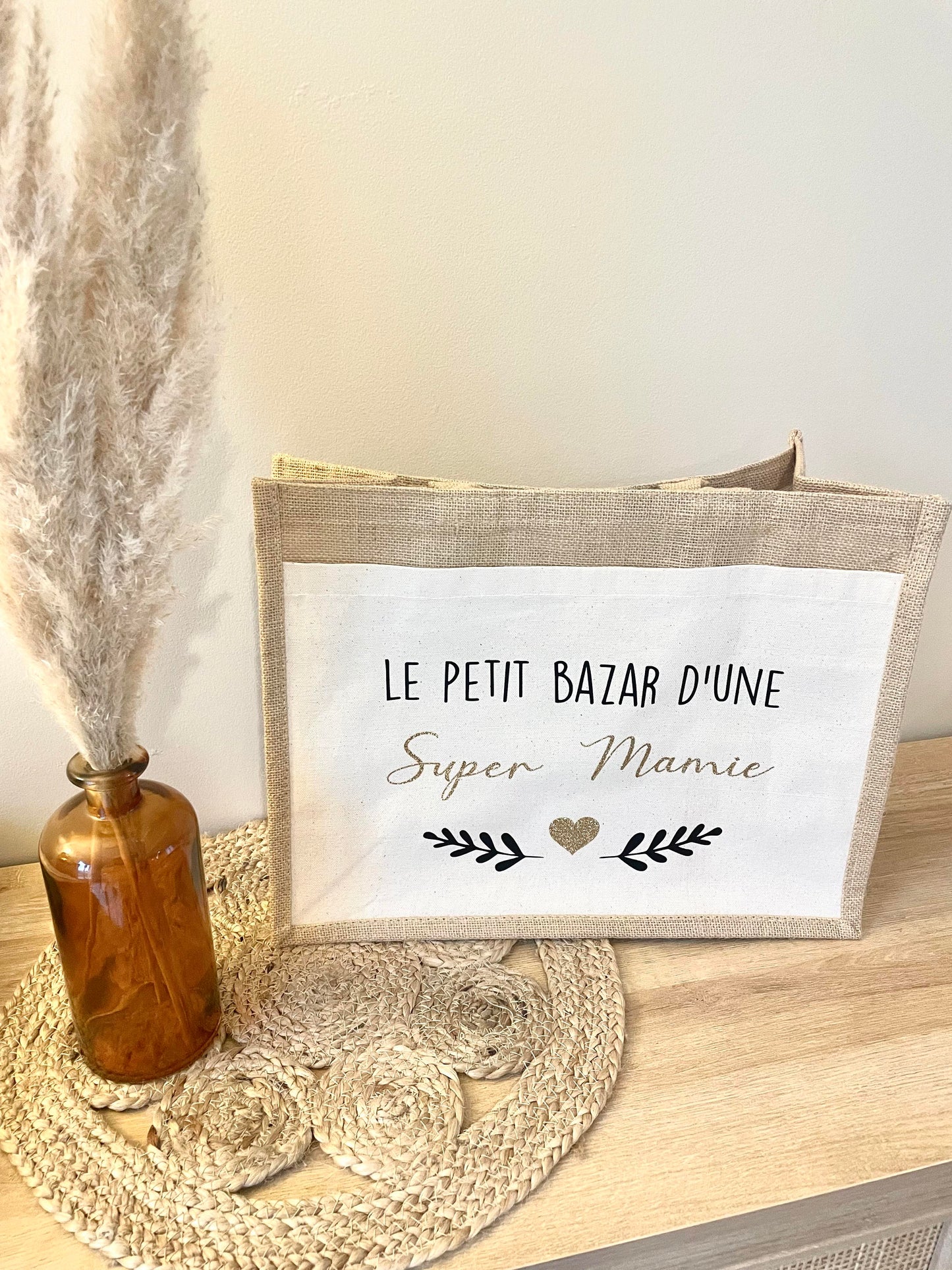 Grand sac en toile de jute Mamie