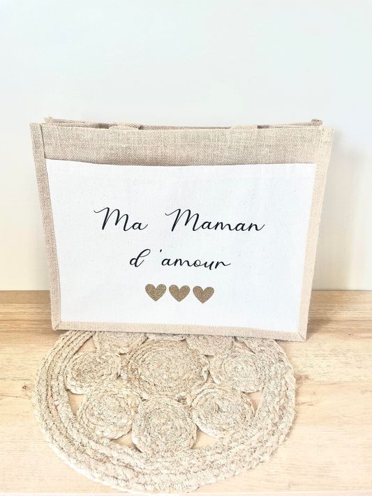 Grand sac en toile de jute Maman d'Amour