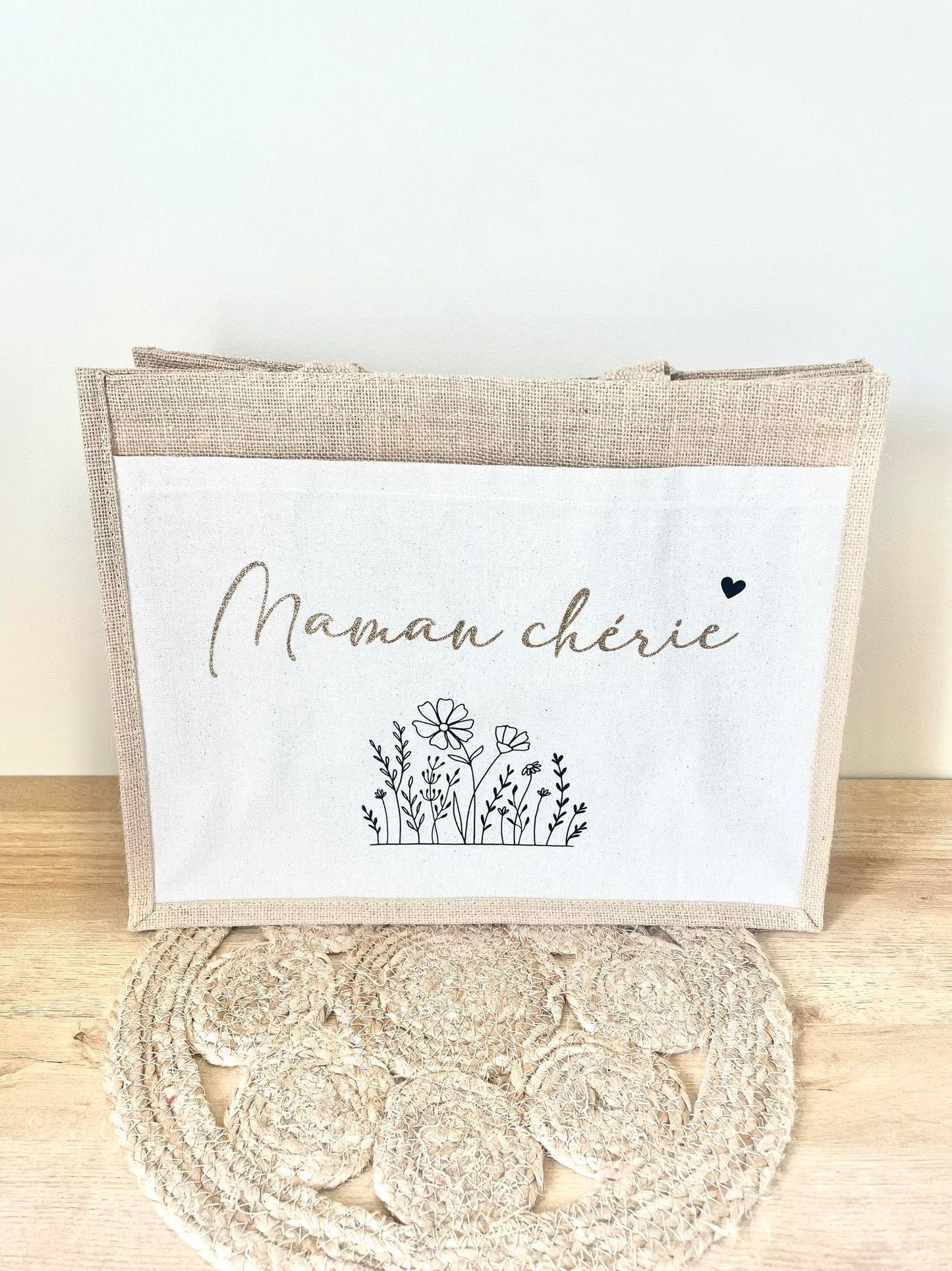 Grand sac en toile de jute Maman chérie