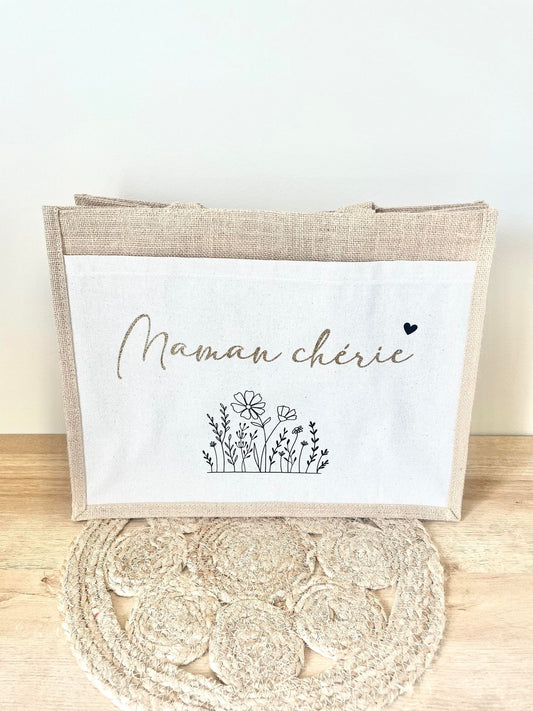 Grand sac en toile de jute Maman chérie