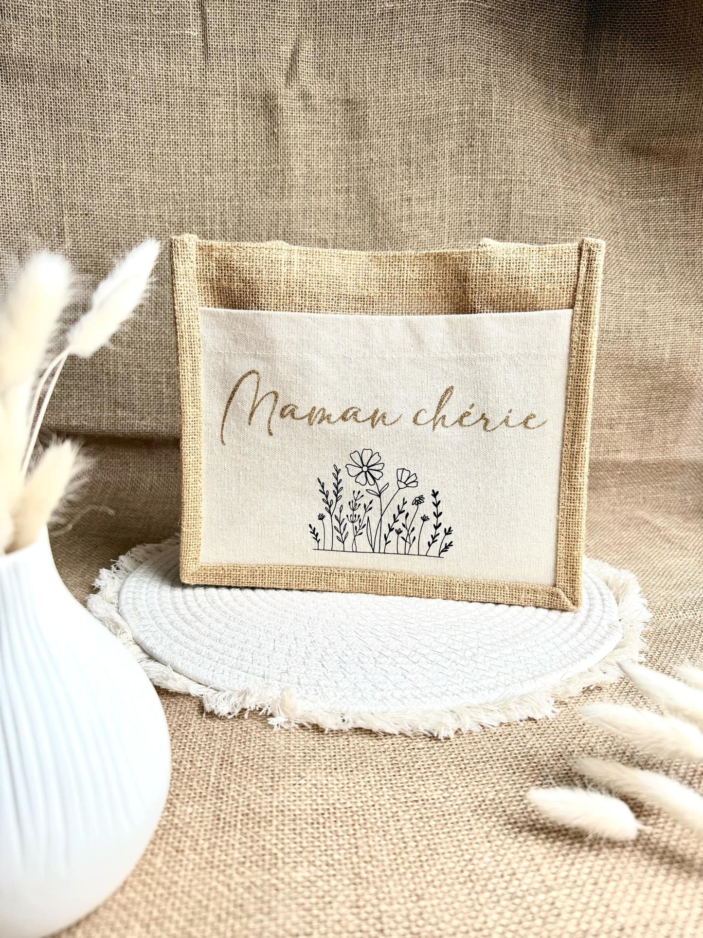 Petit sac en toile de jute Maman Chérie Fleurs