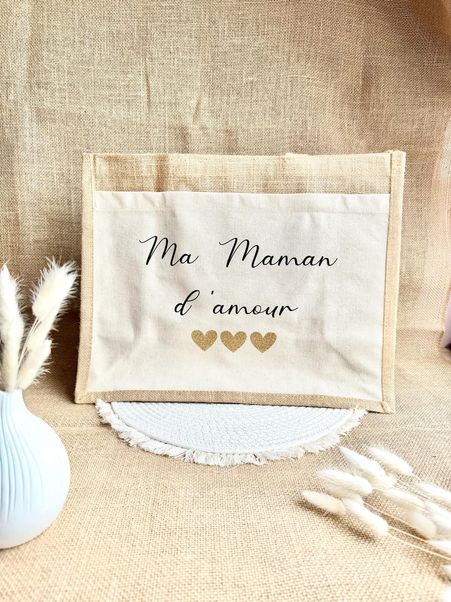 Grand sac en toile de jute Maman d'Amour