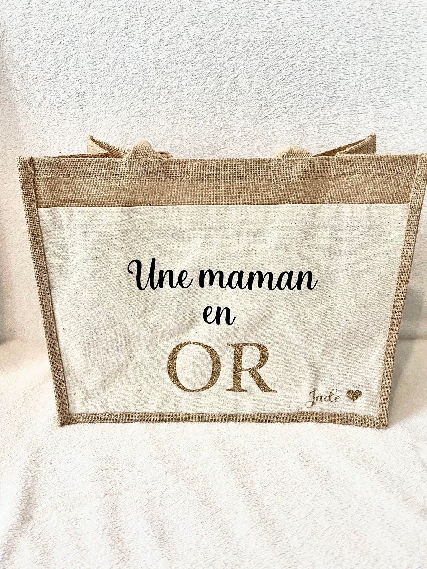 Grand sac en toile de jute Maman en Or