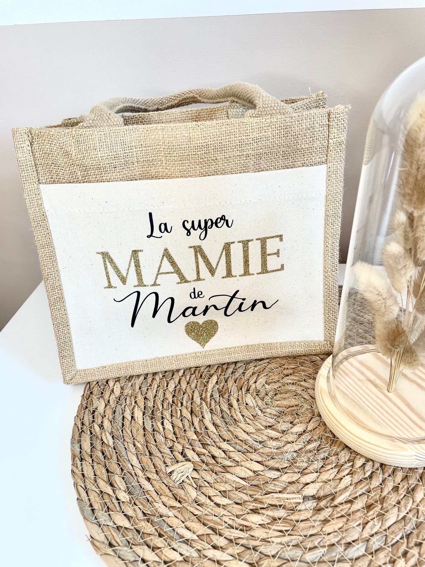 Petit sac en toile de jute Mamie + prénom